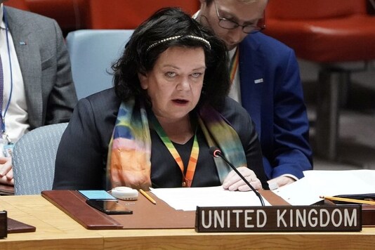 Karen Pierce, Britain's Ambassador to the United Nations speaks at a Security Council meeting about Afghanistan at United Nations Headquarters in the Manhattan borough of New York City, New York, US, March 10, 2020. REUTERS/Carlo Allegri/Files