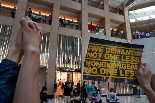A protestor raises a placard during a protest at a shopping mall in Hong Kong. (AP Photo)