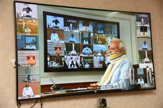 Prime Minister Narendra Modi during a video conference with chief ministers.