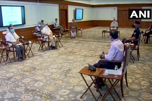 PM Narendra Modi at a meeting with MHA and NDMA officials to review the situation arising from Cyclone Amphan. (Twitter/ANI)