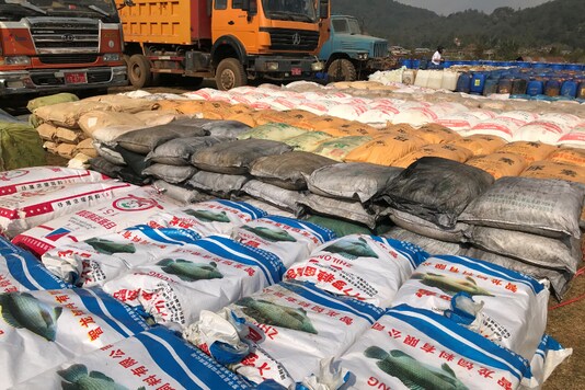 Precursor chemicals used to make illicit drugs such as methamphetamine, ketamine, heroin and fentanyl seized by Myanmar police and military are seen in this undated photo near Loikan village in Shan State, between February and April 2020 in what the United Nations Office on Drugs and Crime described as Asia's biggest-ever drug bust. Myanmar Police/UNODC/Handout via REUTERS