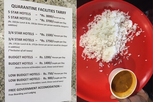 A rate chart of accomodation facilities available for those requiring mandatory quarantine; a plate of meal served to quarantinef inmates at a hotel. (News18)
