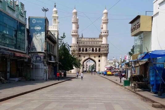 Hyderabad: Road leading to the historic Charminar wear as deserted look during the lockdown in wake of coronavirus pandemic, in Hyderabad, Monday, March 23, 2020. (PTI Photo)
(PTI23-03-2020_000305B)