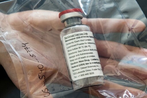 An ampule of remdesivir is pictured during a news conference at the University Hospital Eppendorf (UKE) in Hamburg, Germany.