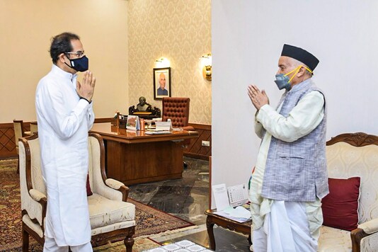 Maharashtra CM Uddhav Thackeray greets Governor Bhagat Singh Koshyari during a meeting at the Raj Bhavan in Mumbai on May 1, 2020. (PTI Photo)