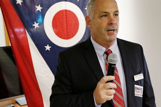In this October 13, 2014 file photo, Republican Sen. Steve Huffman speaks during a rally at Darke County GOP headquarters in Greenville, Ohio. The American Civil Liberties Union called for Huffman to step down from office Thursday, June 11, 2020 after the senator questioned on the Ohio Senate floor if 
