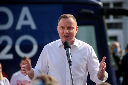 Poland's President Andrzej Duda speaks during his election meeting in Solec Kujawski, Poland, June 9, 2020. Grazyna Marks/Agencja Gazeta via REUTERS