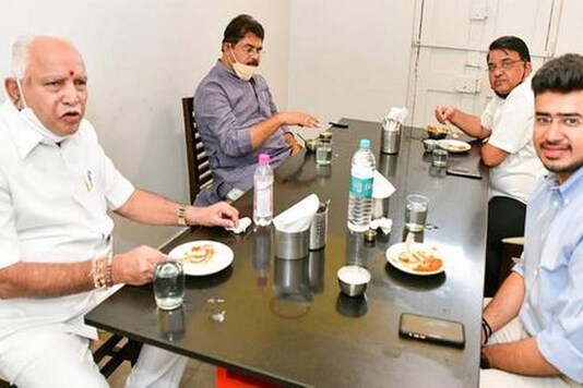 Karnataka CM BS Yediyurapa with revenue minister R Ashoka and Bengaluru South MP Tejaswi Surya at the iconic Mavalli Tiffin Room in Bengaluru on Saturday. 
