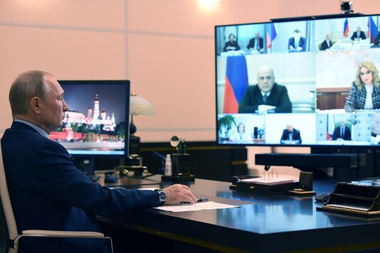 Russian President Vladimir Putin attends a meeting about the coronavirus disease (COVID-19) outbreak, at the Novo-Ogaryovo state residence outside Moscow, Russia May 22, 2020. Sputnik/Aleksey Nikolskyi/Kremlin via REUTERS