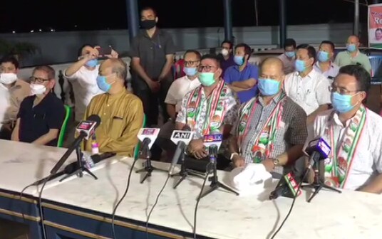 Manipur MLAs S Subhashchandra Singh, TT Haokip and Samuel Jendai who resigned and joined Congress. (Twitter/ANI)