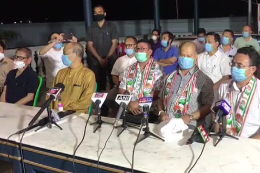 File photo of Manipur MLAs S Subhashchandra Singh, TT Haokip and Samuel Jendai who had resigned and joined the Congress. (Twitter/ANI)