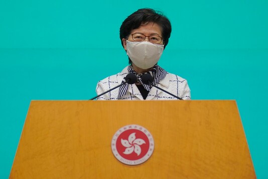 Hong Kong Chief Executive Carrie Lam listens to reporters' questions during a press conference in Hong Kong, Tuesday, (AP Photo/Vincent Yu)