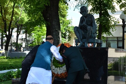 Union Defence Minister Rajnath Singh pays tribute to Mahatma Gandhi in Moscow.
