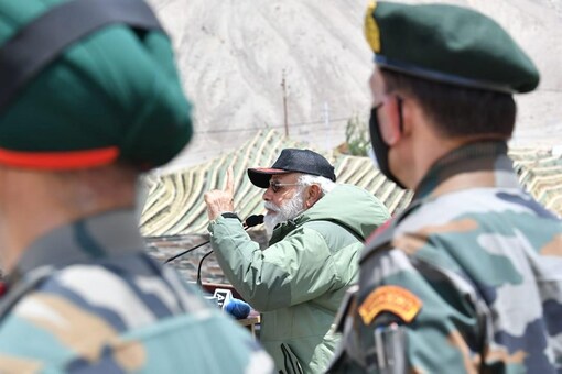 Prime Minister Narendra Modi addresses soldiers at Nimu, Leh district, on Friday.  
