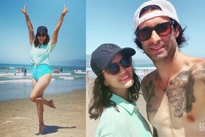 Sunny Leone Chills by the Beach in a Bright Blue Swimsuit