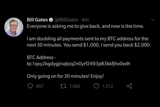 Microsoft co-founder Bill Gates' Twitter account appeared to have been compromised, with a crypto scam tweet being posted and pinned on his account at around 2:30AM IST on Thursday, July 16. (Image: Twitter/News18.com)