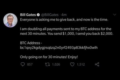 Microsoft co-founder Bill Gates' Twitter account appeared to have been compromised, with a crypto scam tweet being posted and pinned on his account at around 2:30AM IST on Thursday, July 16. (Image: Twitter/News18.com)