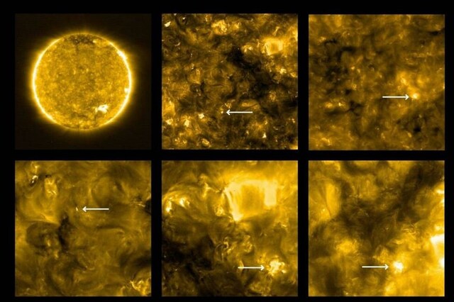 Solar Orbiter spots ‘campfires’ on the Sun. Locations of campfires are annotated with white arrows.
(Credits: Solar Orbiter/EUI Team (ESA & NASA)