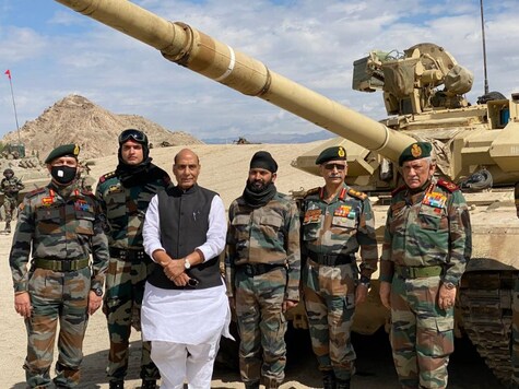 Defence Minister Rajnath Singh reached the eastern Ladakh region on Friday to review the ground situation of troops at the hostile border areas with China. Singh will also interact with the soldiers and review the operational preparedness of the force. (Image: RMO India)