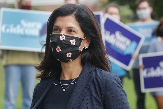 House speaker Sara Gideon, D-Freeport, speaks to news media near a polling station, Tuesday, July 14, 2020, in Portland, Maine. (AP Photo/Elise Amendola)