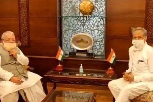 Chief Minister Ashok Gehlot meets Governor Kalraj Mishra, at Raj Bhawan in Jaipur.