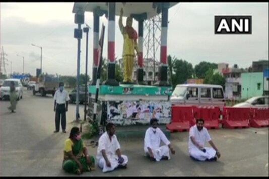 The statue of MG Ramachandran garlanded with a saffron shawl.