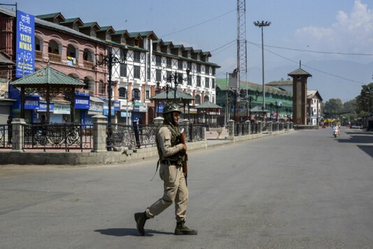 Security forces patrolling in Srinagar, Jammu and Kashmir.