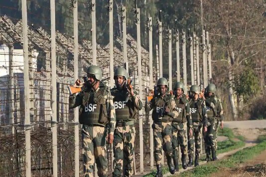 Border Security Force (BSF) soldiers patrol along the India-Pakistan border at RS Pura about 35 km from Jammu. (PTI File Photo)