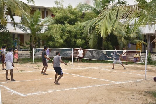 Covid-19 infectted persons enjoy a game of badminton at a centre in Ananthapur district.