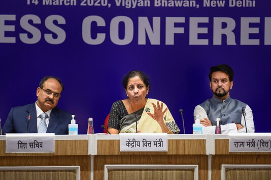 File photo of Finance Minister Nirmala Sitharaman, Finance Secretary Ajay Bhushan Pandey and MoS Finance Anurag Thakur.  (PTI)