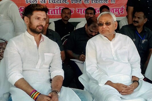 File photo of LJP chief Chirag Paswan with JDU president and Bihar CM Nitish Kumar. (PTI)