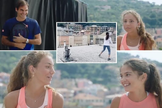 Roger Federer and the girls from the viral rooftop tennis video (Photo Credit: Screengrab) Roger Federer and the girls from the viral rooftop tennis video (Photo Credit: Screengrab)
