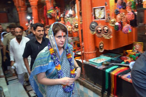 File photo of Congress leader Priyanka Gandhi Vadra at a temple in Varanasi. (PTI)