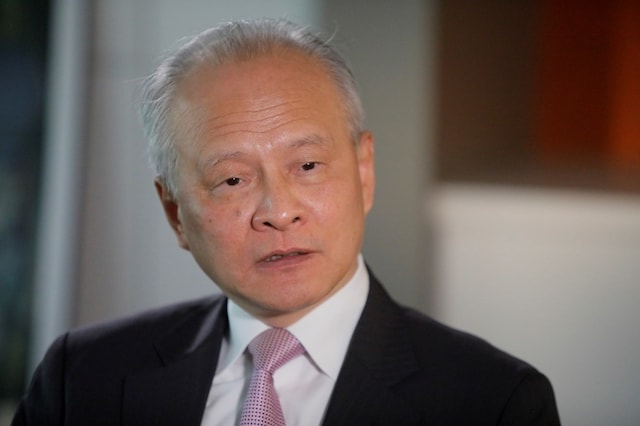 FILE PHOTO: China's ambassador to the United States Cui Tiankai responds to reporters questions during an interview with Reuters in Washington, U.S.