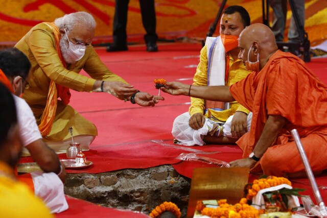 PM Narendra Modi performs 'Bhoomi Pujan' at the Ram Mandir site in Ayodhya. (AP)