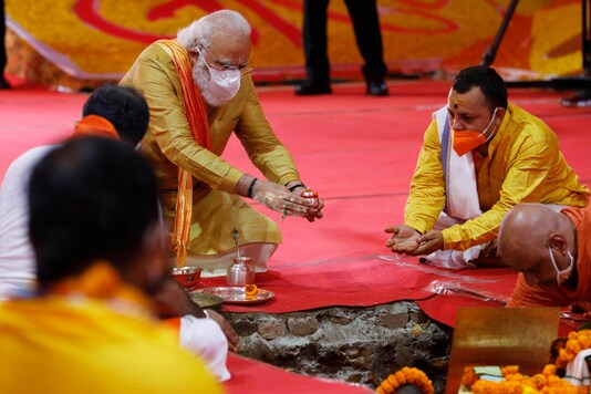 Prime Minister Narendra Modi performs the groundbreaking ceremony of the Ram Temple in Ayodhya, on August 5, 2020. (AP Photo/Rajesh Kumar Singh)