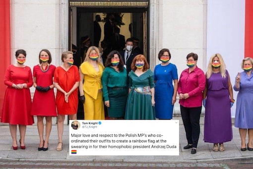 Polish MPs make a rainbow statement at the swearing-in ceremony of conservative President Andrej Duda | Image credit: Twitter