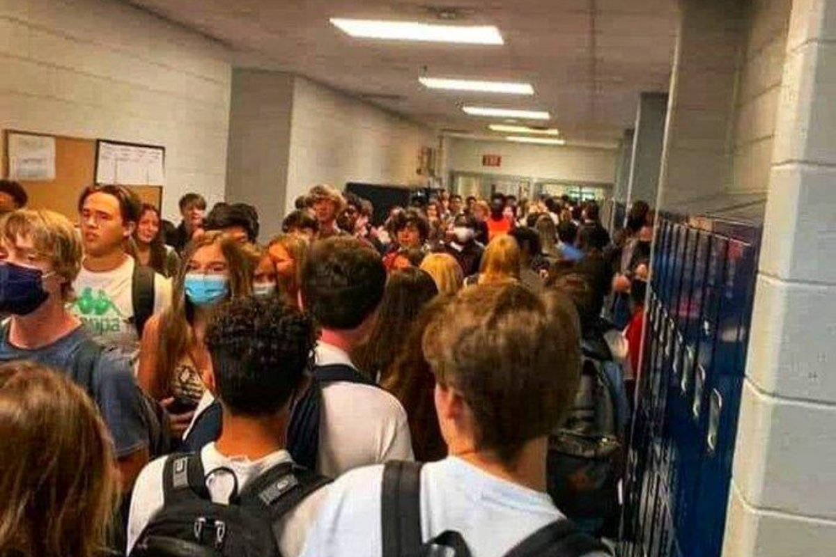 high school students in hallway