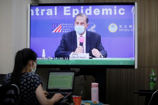 U.S. Secretary of Health and Human Services Alex Azar is seen on a screen as he speaks during a news conference in Taipei, Taiwan, August 10, 2020. REUTERS/Ann Wang U.S. Secretary of Health and Human Services Alex Azar is seen on a screen as he speaks during a news conference in Taipei, Taiwan, August 10, 2020. REUTERS/Ann Wang