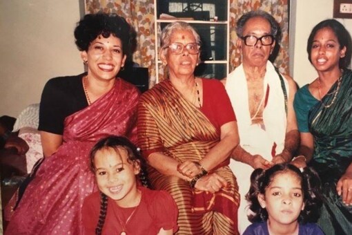 Indian Roots: Kamala Harris, back row, left. From left: her grandmother Rajam Gopalan, grandfather P.V. Gopalan and sister, Maya Harris. Front row: Maya’s daughter, Meena, left, and Harris’ cousin Sharada Balachandran Orihuela.

