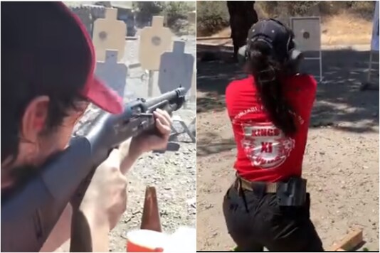 प्रीति जिंटा (R) बंदूक रेंज में प्रशिक्षण लेती है