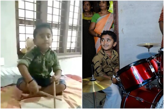 The 6-year-old boy was gifted a drum set by actor Unni Mukundan and a Chenda by actor and percussionist Chenda | Image credit: Twitter/News18