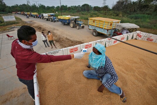 FILE PHOTO: A health worker uses an infrared thermometer to check the temperature of a labourer sitting on wheat crop in a tractor trolley at an entry gate of a wholesale grain market, during a nationwide lockdown to slow the spreading of coronavirus disease (COVID-19) in Chandigarh. (Reuters)