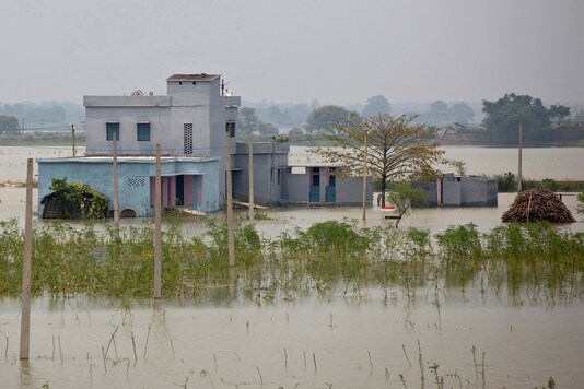 A partially submerged government building is seen in a flooded area in Bhagalpur district in Bihar. (Credit: REUTERS)