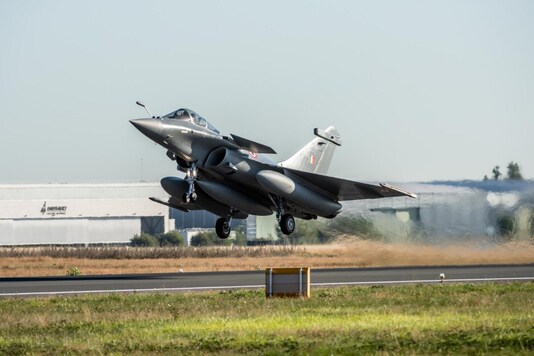 A brochure photograph taken and published on July 27, 2020 by Dassault Aviation shows an Indian Air Force Rafale aircraft taking off from Merignac Air Base in southern France.  (AFP)