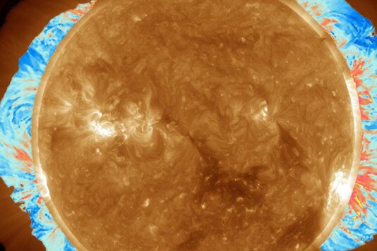 A map of the coronal magnetic field strength superimposed on a coronal image taken by the AIA instrument on the Solar Dynamics Observatory. Credit: Yang et al. 2020, Science


