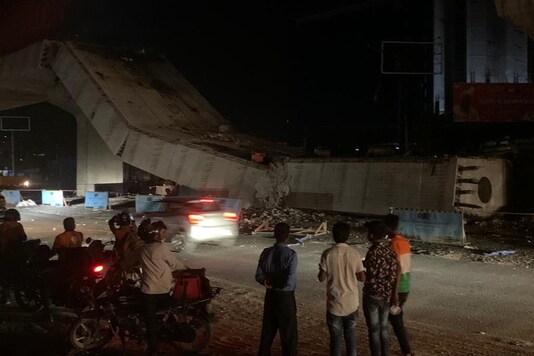 A section of an under-construction flyover collapses at Sohna Road in Gurugram.