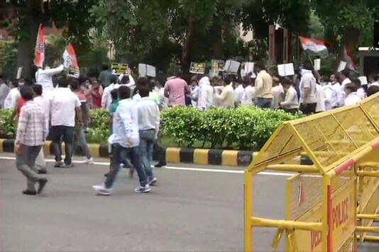 Delhi: Congress holds protest outside Shastri Bhawan against holding of the JEE & NEET examinations in September. (ANI)
