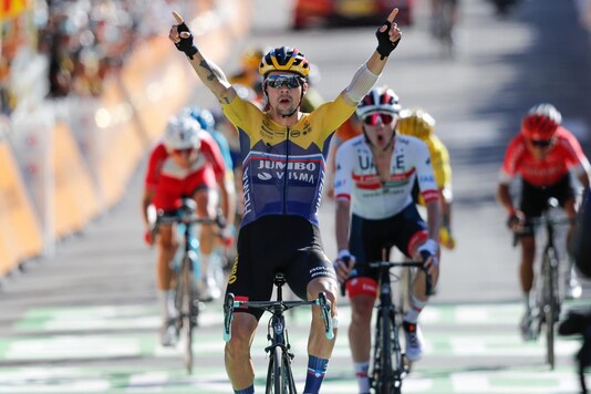 Primoz Roglic celebrates winning the Tour de France Mountain stage. (Photo Credit: AP)