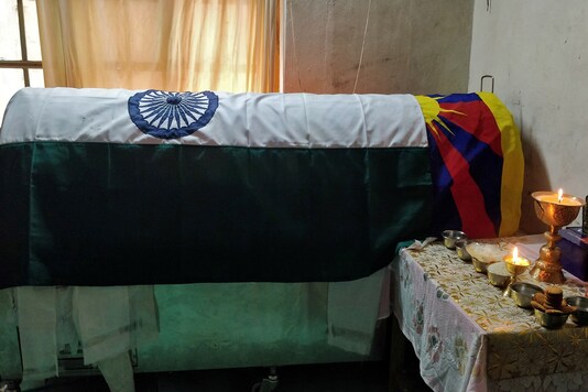 A coffin containing the body of Tenzin Nyima, a Tibetan official from India's Special Frontier Force, is pictured at his residence in Leh, September 1, 2020. (Reuters)
